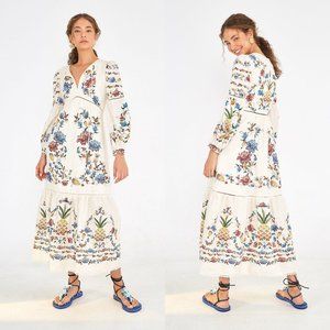 NWT Farm Rio tan multicolor embroidery print fruit floral long sleeve maxi dress